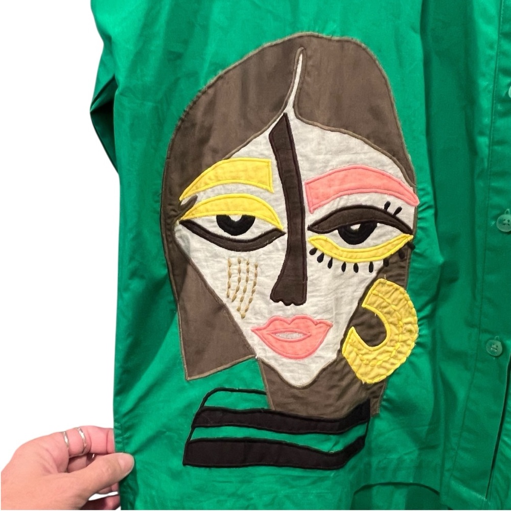 Unfashional Japanese Designer Green Button Front Abstract Face Art Oversized - Picture 6 of 10